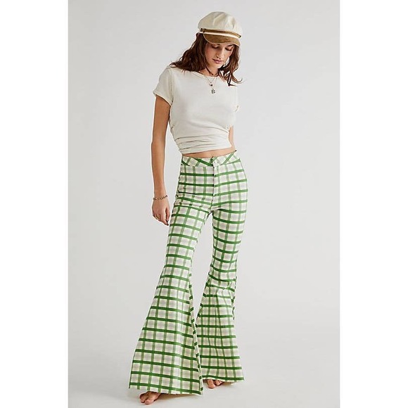Free People Denim - Free People Just Float On Printed Flare Jeans Green Plaid 27 or 32 NWT